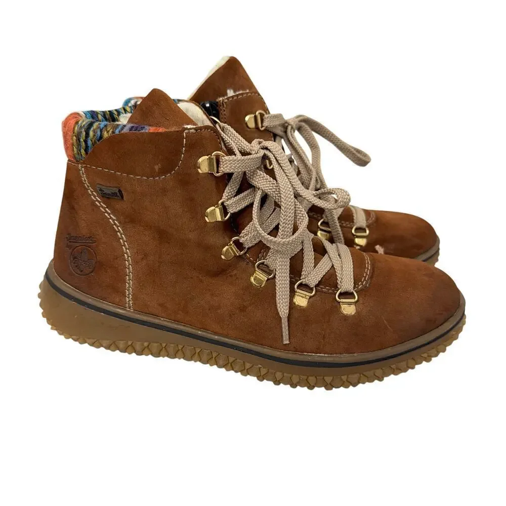 Rieker Boots Womens 8 Cordula Mid Faux Leather Brown Lined Side Zip Lace Up 39